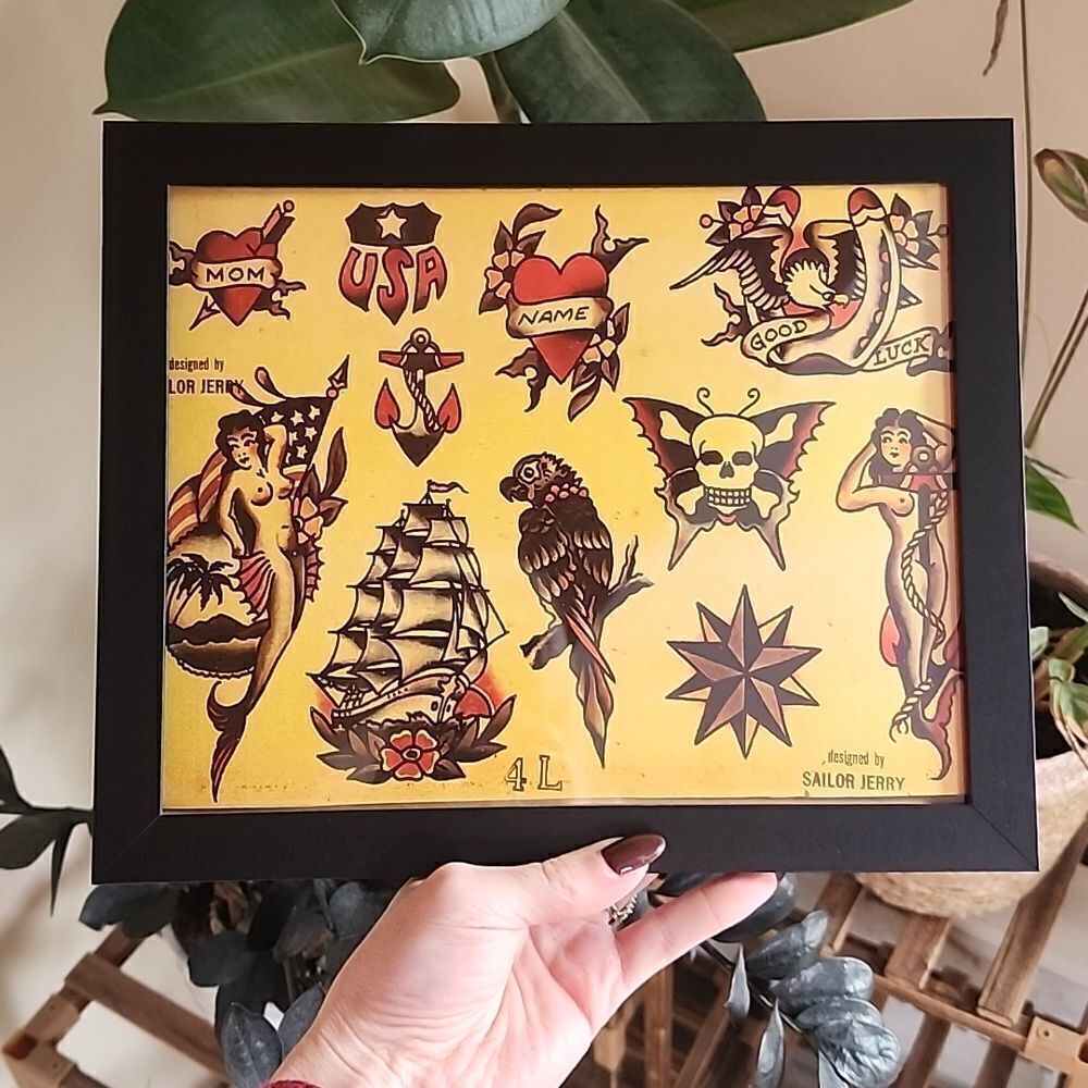 Framed American Traditional Tattoo Flash Art, 8x10